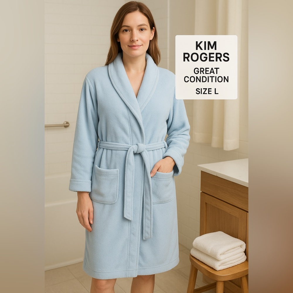 Kim Rogers Blue Fleece Robe L | Plush Belted Long Lounge Bath Cozy